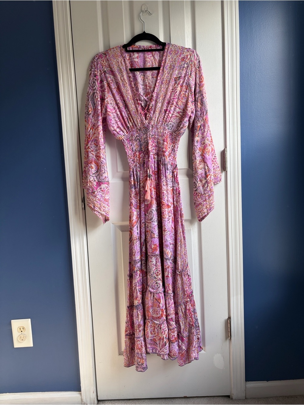 Pink Paisley Silk Maxi Dress Bell Sleeve Tiered Boho Embellished Size L